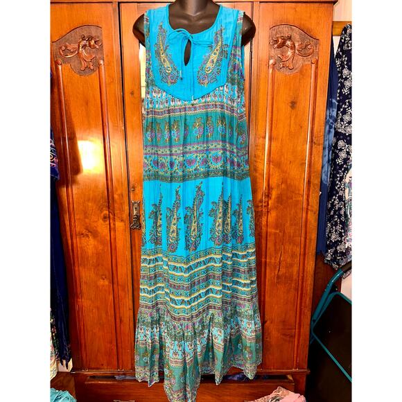 NWOT TURQUOISE SLEEVELESS BLOCK PRINT HIPPIE BOHO MAXI DRESS COTTON GAUZE - Picture 2 of 11